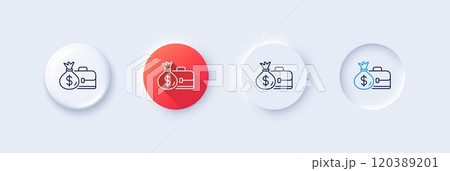 Business case line icon. Neumorphic, Red gradient, 3d pin buttons. Portfolio and Salary symbol. Diplomat with Money bag sign. Line icons. Neumorphic buttons with outline signs. Vector 120389201