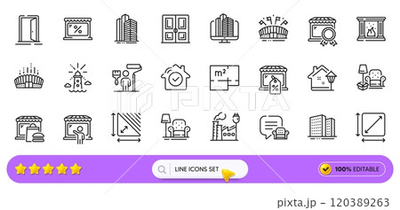 Factory, Enterprise and Lounge place line icons for web app. Pack of Buildings, Lighthouse, Square area pictogram icons. Food market, Market sale, Arena stadium signs. Open door. Search bar. Vector Factory, Enterprise and Lounge place line icons for web app. Pack of Buildings, Lighthouse, Square area pictogram icons. Food market, Market sale, Arena stadium signs. Open door. Search bar. Vector 120389263