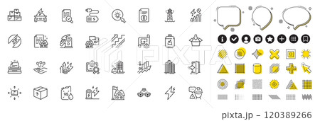 Set of Electricity consumption, Entrance and Parcel shipping line icons for web app. Design elements, Social media icons. Engineering plan, Rise price, Diesel station icons. Vector Set of Electricity consumption, Entrance and Parcel shipping line icons for web app. Design elements, Social media icons. Engineering plan, Rise price, Diesel station icons. Vector 120389266