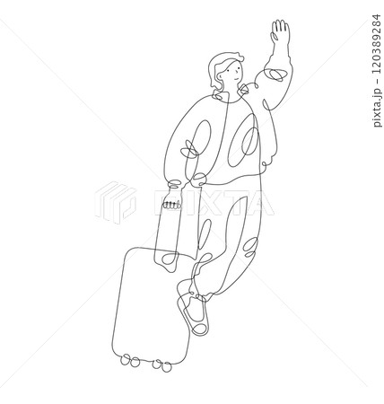 Young man flying with a suitcase isolated on white background 120389284