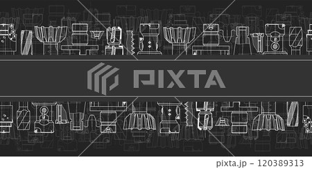 Mechanical engineering drawings on black background. Tap tools, borer. Technical Design. Cover. Blueprint. Seamless pattern. Vector illustration. 120389313