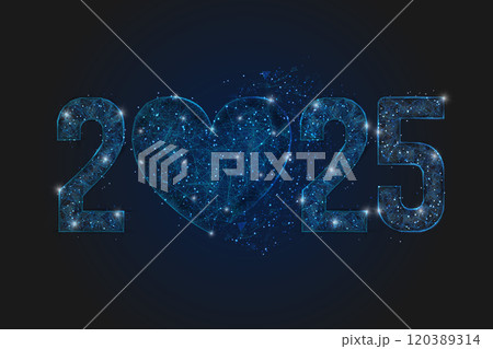 Abstract isolated blue image of new year number 2025. Polygonal low poly wireframe illustration looks like stars in the black night sky in space or flying glass shards. Digital web, internet design. 120389314