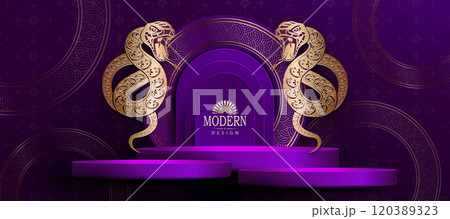 Chinese New Year 2025. Purple greeting card with round frame with snake isolated Chinese New Year 2025. Purple greeting card with round frame with snake isolated 120389323