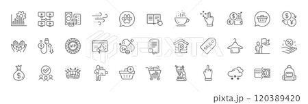 Search file, Windy weather and Microscope line icons. Pack of Payment methods, Hold box, Money bag icon. Selenium mineral, Puzzle, Video conference pictogram. Arena stadium, Pets care. Vector 120389420