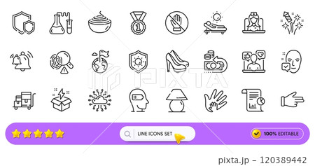 Creative idea, Social responsibility and Fireworks rocket line icons for web app. Pack of Bell, Telemedicine, Pasta pictogram icons. Corrupt, Click hand, Chemistry lab signs. Search bar. Vector Creative idea, Social responsibility and Fireworks rocket line icons for web app. Pack of Bell, Telemedicine, Pasta pictogram icons. Corrupt, Click hand, Chemistry lab signs. Search bar. Vector 120389442