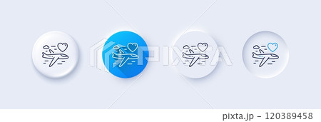 Honeymoon travel line icon. Neumorphic, Blue gradient, 3d pin buttons. Love trip sign. Valentines day flight symbol. Line icons. Neumorphic buttons with outline signs. Vector 120389458