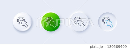 Click here line icon. Neumorphic, Green gradient, 3d pin buttons. Push the button sign. Web cursor symbol. Line icons. Neumorphic buttons with outline signs. Vector 120389499