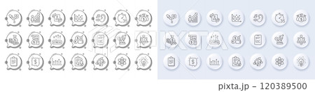 Growth chart, Idea and Chemistry atom line icons. White pin 3d buttons, chat bubbles icons. Pack of Dot plot, Hearing, Check investment icon. Vector 120389500