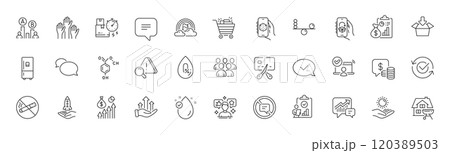 Bankrupt, Shopping cart and No alcohol line icons. Pack of Approved message, Text message, Sun protection icon. Voting hands, Lgbt, Get box pictogram. Chemical formula, Growth chart, Messenger. Vector 120389503