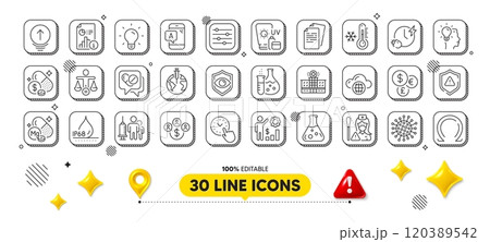 Chemistry flask, Medical drugs and Coronavirus line icons pack. 3d design elements. Charging time, Buying currency, Employees wealth web icon. Vector 120389542