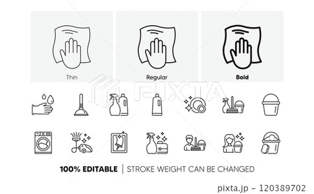 Laundry, Window sponge and Vacuum cleaner. Cleaning line icons. Washing machine linear icon set. Line icons set. Vector 120389702
