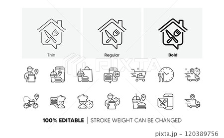 Courier, Deliveryman, Grocery retail. Food delivery line icons. Delivery truck, meal bag, home food order icons. Cart deliver, contactless service, courier location. Fast food package. Vector 120389756