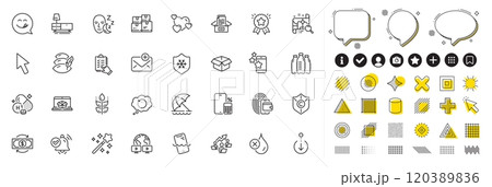 Set of Yummy smile, Magic wand and Teamwork chart line icons for web app. Design elements, Social media icons. Water bottles, Ranking star, Vitamin h1 icons. Vector 120389836