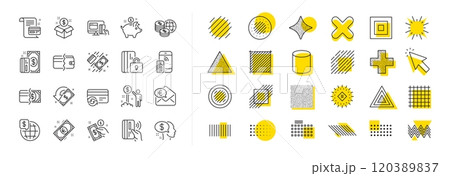 Update credit card, Contactless payment and Piggy bank linear icons. Design shape elements. Money wallet line icons. Online payment, Dollar exchange and Fast money send. Vector 120389837
