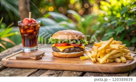 Delicious cheeseburger with fries and a refreshing drink served on a wooden board surrounded by greenery 120389839