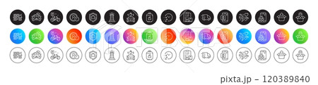 Package location, Delivery time and Bike line icons. Round icon gradient buttons. Pack of Honeymoon travel, Truck delivery, Luggage protect icon. Vector 120389840