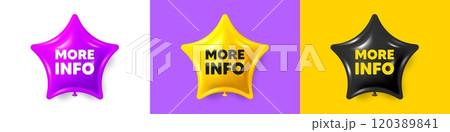 More info tag. Birthday star balloons 3d icons. Navigation sign. Read description symbol. More info text message. Party balloon banners with text. Birthday or sale ballon. Vector 120389841