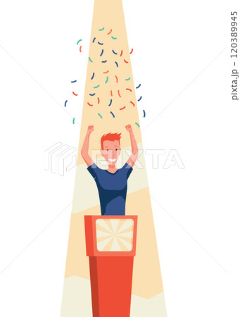 TV Quiz Show with Participant who Answer Questions and Will get Points From the Host on the Studio in Cartoon Illustration 120389945
