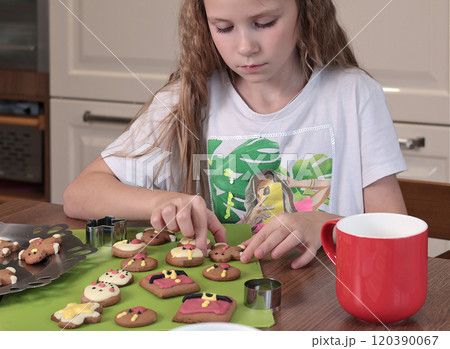 Teenage girl make Christmas gingerbread cookies. Holiday and cooking at home in kitchen. Teenage girl make Christmas gingerbread cookies. Holiday and cooking at home in kitchen. 120390067