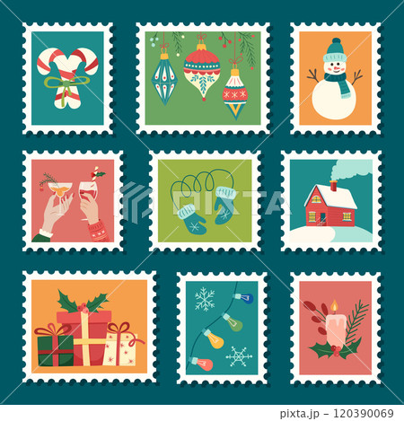 Set of Christmas postage stamps with ornaments, mittens, snowman, gifts, cozy house, and holiday decorations 120390069