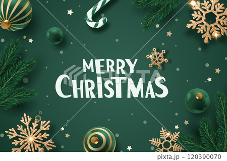 Festive Christmas card with green and gold ornaments, pine branches, snowflakes, and a candy cane on a green background 120390070