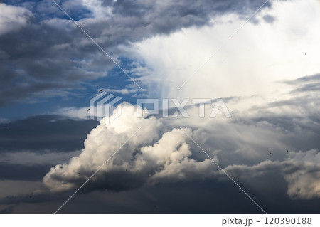 Blue sky background. The clouds on the sky. Colorful blue sky view in bright tones. Blue sky background. The clouds on the sky. Colorful blue sky view in bright tones. 120390188