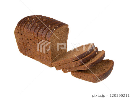 Sliced loaf of rye bread, isolated on white. Sliced loaf of rye bread, isolated on white. 120390211