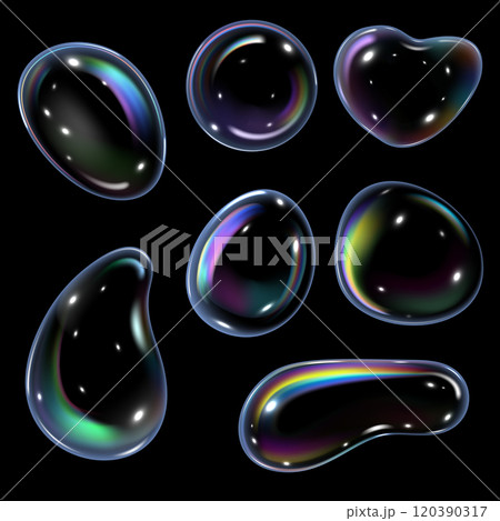 Realistic soap bubble with rainbow reflection vector set, glossy 3D volume water drop with holographic effect, glares 120390317