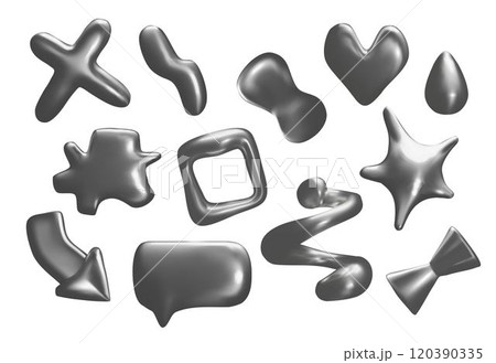 3d figurines: heart, star, spiral and others made of silver includes on a white background 3d figurines: heart, star, spiral and others made of silver includes on a white background 120390335