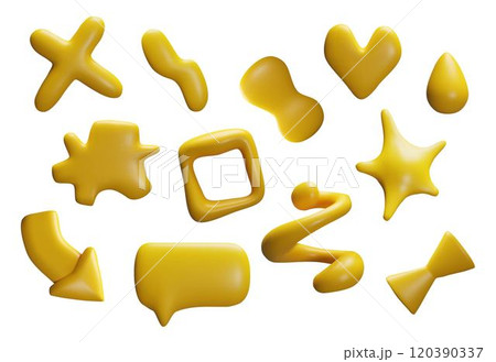 3d figurines: heart, star, spiral and others made of gold on a white background 3d figurines: heart, star, spiral and others made of gold on a white background 120390337