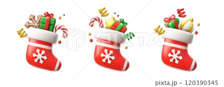 Christmas sock with gifts 3D cartoon vector set, red Christmas stocking with snowflake, candy cane gift box, gingerbread Christmas sock with gifts 3D cartoon vector set, red Christmas stocking with snowflake, candy cane gift box, gingerbread 120390345