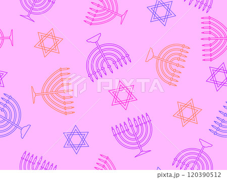 Hanukkah seamless pattern with menorah with nine candle and Star of David. Nine lit Hanukkah candles. Design for invitation flyers, brochures and promotional items. Vector illustration Hanukkah seamless pattern with menorah with nine candle and Star of David. Nine lit Hanukkah candles. Design for invitation flyers, brochures and promotional items. Vector illustration 120390512