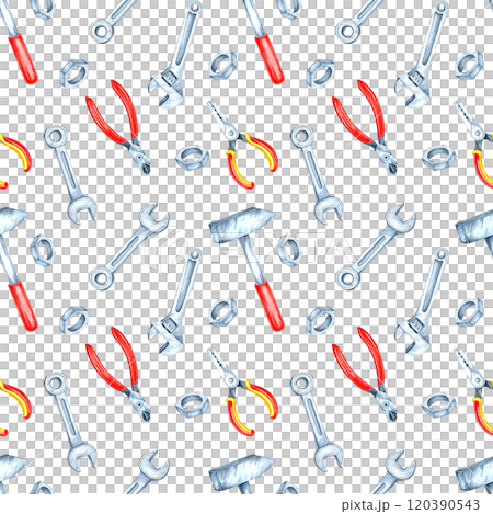 Red-handled pliers, hammers, and wrenches in watercolor . Repairman essentials clipart. This seamless pattern is suitable for industrial-themed products, packaging, or digital designs 120390543