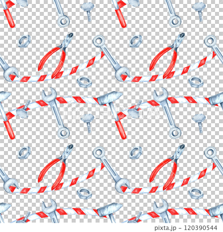 A dynamic row of wrenches, bolts, and red pliers with warning tape. Watercolor illustration of hardware tools. This seamless pattern is perfect for stationery, packaging, or decor in DIY designs 120390544