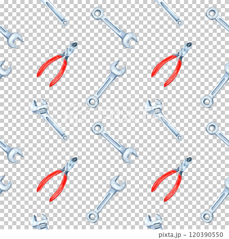 Wrenches with a pop of red-handled pliers. DIY tools watercolor clipart. Repair essentials seamless pattern. Perfect for merchandise, stationery, or fabric designs related to tools or hardware themes Wrenches with a pop of red-handled pliers. DIY tools watercolor clipart. Repair essentials seamless pattern. Perfect for merchandise, stationery, or fabric designs related to tools or hardware themes 120390550