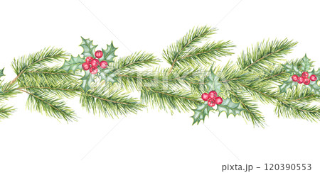 Green pine branches accented by clusters of red holly berries. Watercolor seamless border clipart. Illustration for holiday packaging, festive labels, or social media graphics with a Christmas theme 120390553