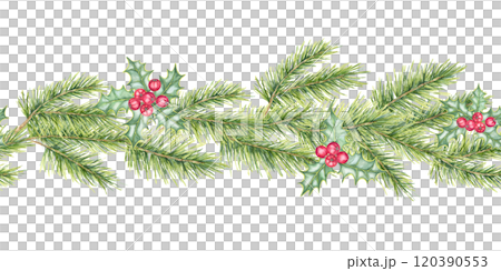Green pine branches accented by clusters of red holly berries. Watercolor seamless border clipart. Illustration for holiday packaging, festive labels, or social media graphics with a Christmas theme 120390553