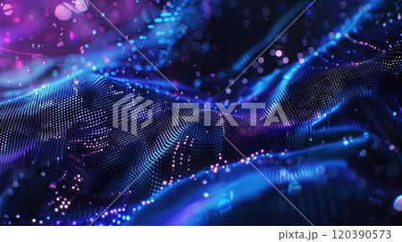 Digital blue abstract background. Various particles shining dots stars, energy flow, internet, connections. 120390573