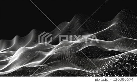 Digital black and silver abstract background. Various particles shining dots stars, energy flow, internet, connections. 120390574