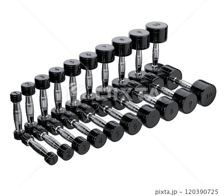 Ten Round Dumbbells set, arranged from 1 to 10. Weightlifting gym equipment 120390725