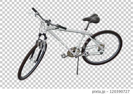 White bicycle standing on kickstand, side top view isolated on white background White bicycle standing on kickstand, side top view isolated on white background 120390727