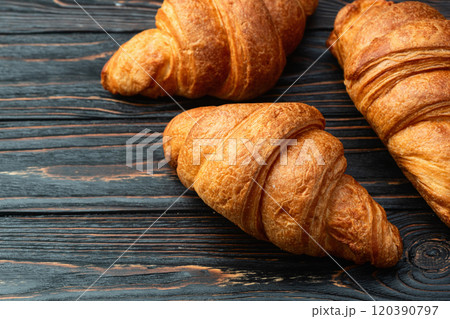 Group of sweet croissant . French morning breakfast . Top view 120390797