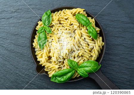 Pasta with basil sauce pesto . Italian food photography . Top view 120390865