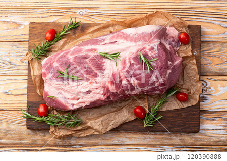 Neck of raw pork meat . Top view 120390888