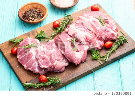 Neck of raw pork meat . Top view 120390891