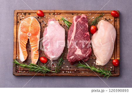 Mix of raw meat and fish . Salmon , beef , pork , chicken staek . Top view 120390893