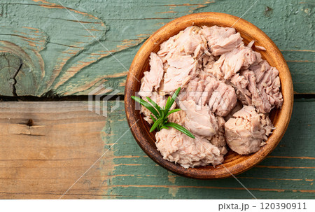 Canned tuna in bowl photography . Top view Canned tuna in bowl photography . Top view 120390911