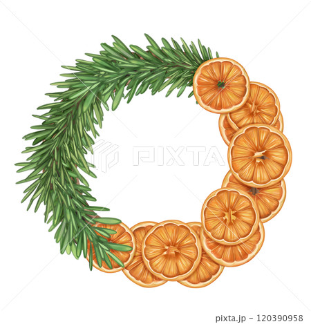 Christmas wreath of oranges, fir branches. Handmade eco Christmas toy, winter organic decorations, seasonal handmade garland. Sustainable Xmas, zero waste concept celebration. Isolated illustration 120390958