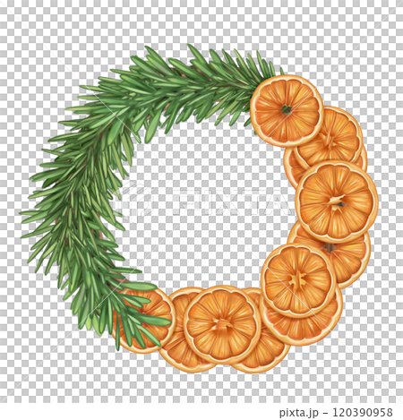 Christmas wreath of oranges, fir branches. Handmade eco Christmas toy, winter organic decorations, seasonal handmade garland. Sustainable Xmas, zero waste concept celebration. Isolated illustration 120390958