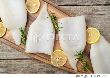Squid tube and ring photography . Seafood top view Squid tube and ring photography . Seafood top view 120391040